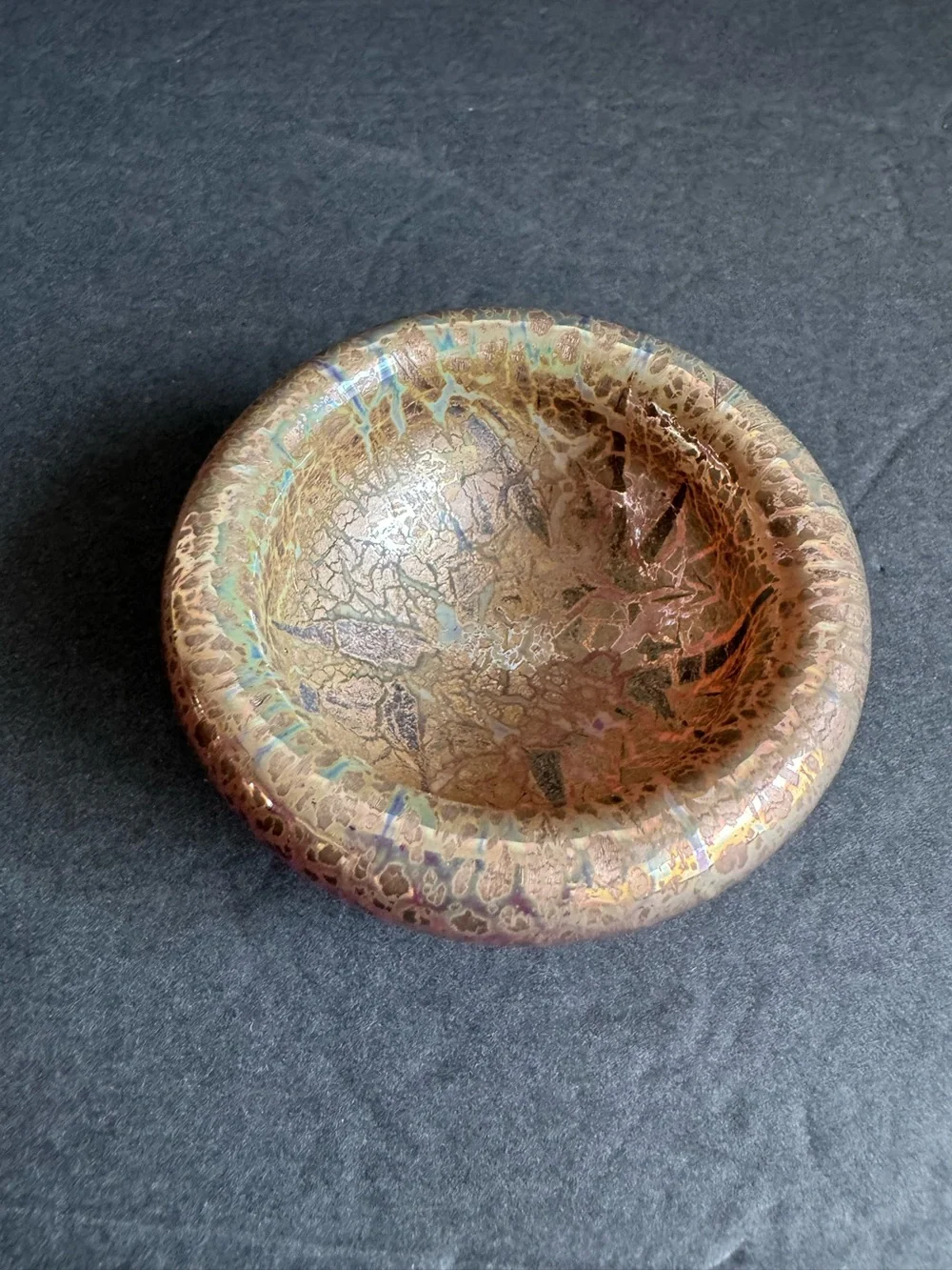 Vintage Art Glass Bowl Iridescent Crackle Red Gold Barovier Style Votive Holder
